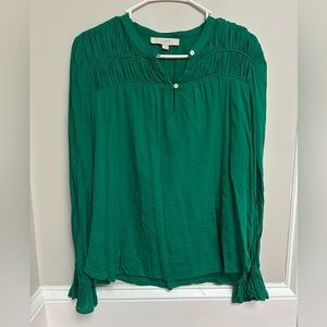 LOFT Green Smocked Blouse with Cuffed Sleeves